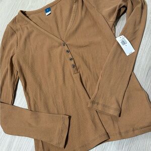 Women's Mustard Tan Yellow Ribbed Long Sleeve Top